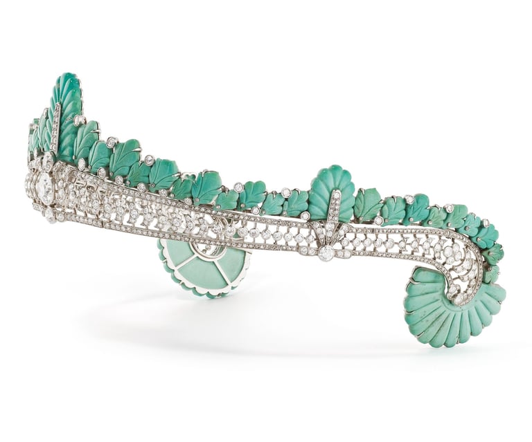 Side view of Nancy Astor’s Cartier turquoise and diamond tiara, circa 1930.