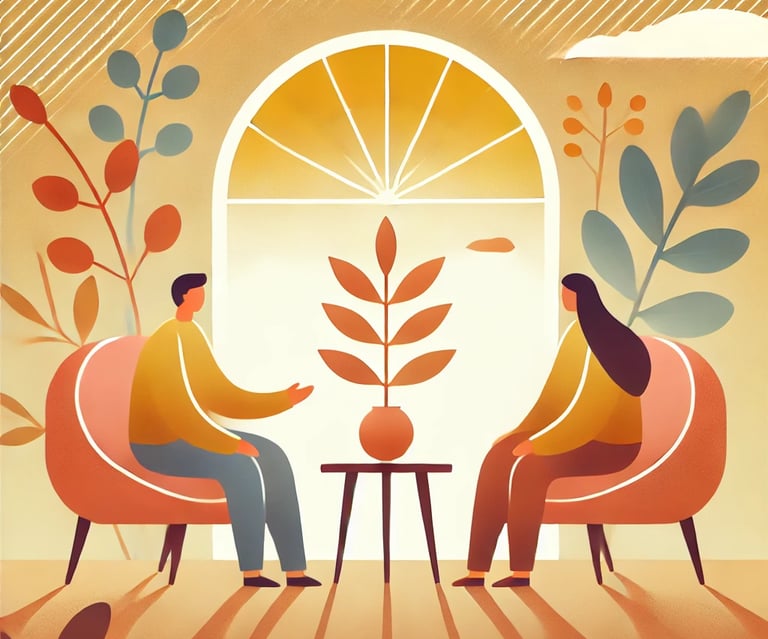 a man and woman sitting in chairs in a room coaching