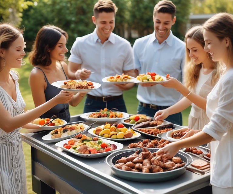A sizzling BBQ grill with juicy ribs and brisket, flames licking the edges under a smoky sky.