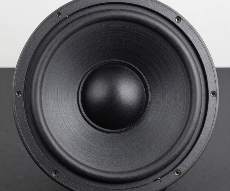 A round black subwoofer speaker driver with a textured cone and rubber surround for high-fidelity audio systems.