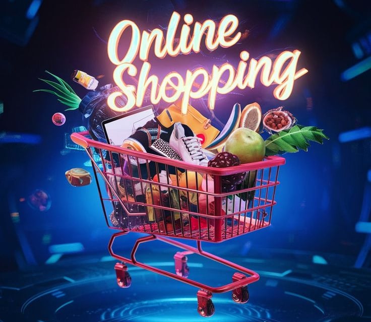 Colorful online shopping cart filled with products representing eCommerce and digital purchasing.