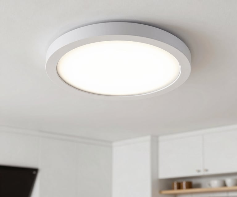 A close-up of a modern LED lamp glowing warmly in a cozy living room.