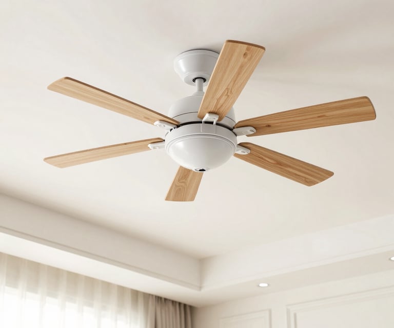 A sleek ceiling fan spinning gently in a bright, airy room.