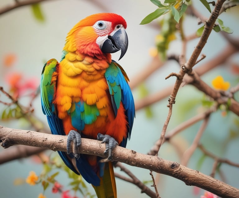 A curious parrot perched freely on a natural wooden stand with a camera nearby.