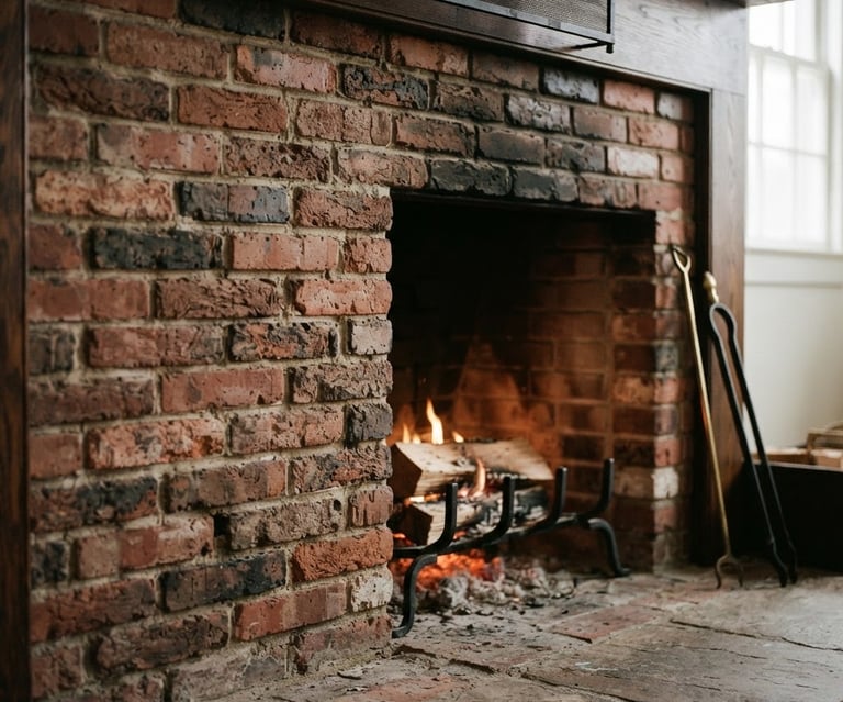 Close-up of a clean, well-maintained brick hearth with a subtle fire glowing, warm interior light, focus on the texture of the brick, traditional New England home style.