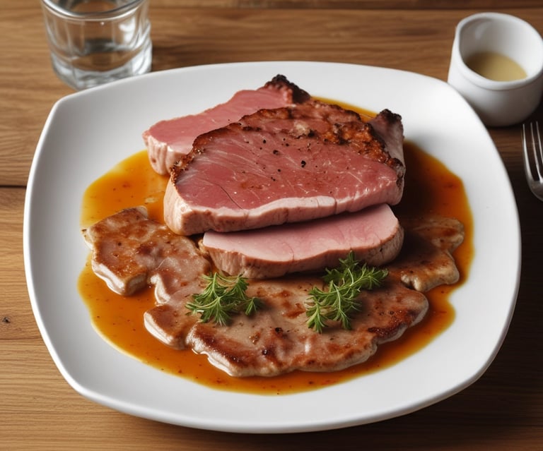 Close-up of fresh, marbled beef cuts on a dark slate board with herbs.