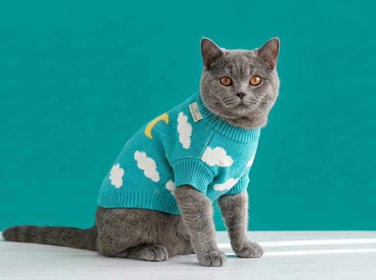 Un elegante gato British Shorthair gris, de mirada tranquila y penetrante, modela un jersey de punto