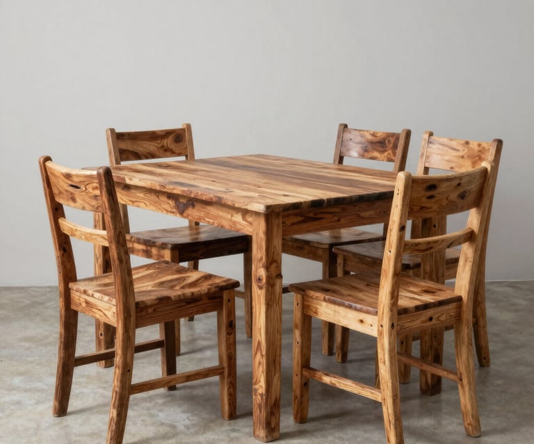 Cozy rustic wooden dining table set in a warm, inviting room.