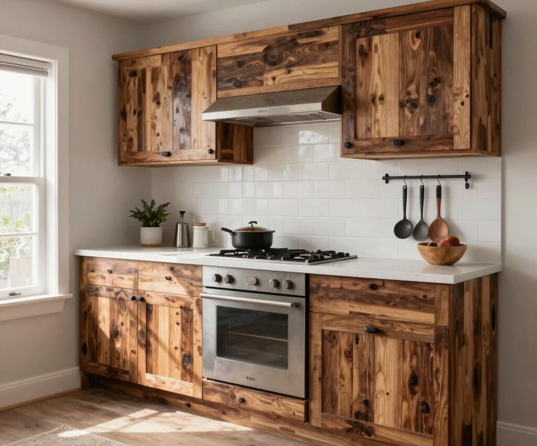 Handcrafted wooden decor items displayed on a rustic shelf.