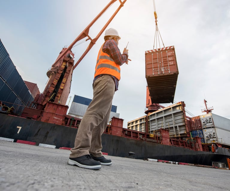 A port worker oversees a crane lifting a shipping container at a busy logistics terminal.