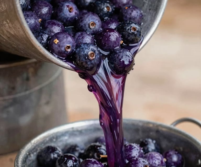 Close-up of thick, deep purple açaí being poured from a traditional metal beating machine into a classic local container, humid daylight of Belém, authentic texture.