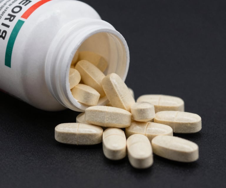 A selection of vitamins and supplements in colorful bottles on a bright background.