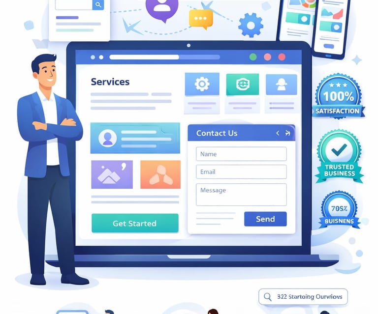 Professional businessman stands by a digital marketing dashboard showing web design and SEO service features.