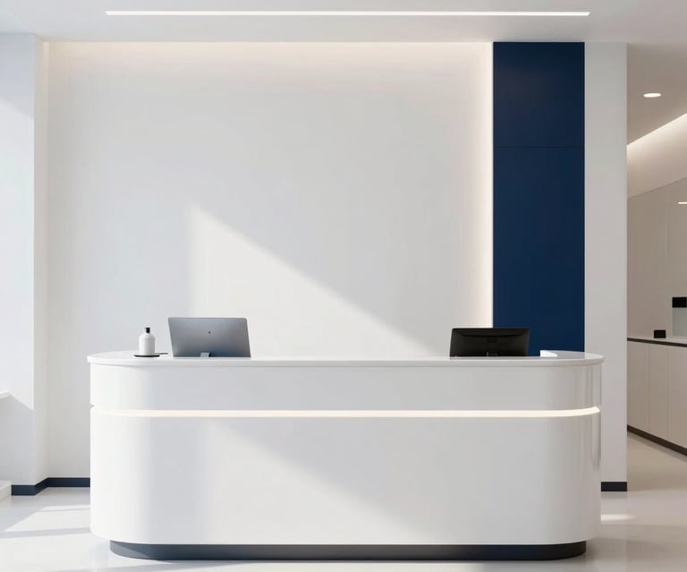 Straight-on architectural shot of a minimalist, high-end dental clinic reception in Doha, bright diffused daylight, soft shadows, pristine white surfaces with deep navy accents, ultra-premium medical aesthetic.