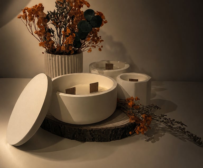 White concrete luxury scented candles with wooden wicks and dried flowers on a rustic wood slice.