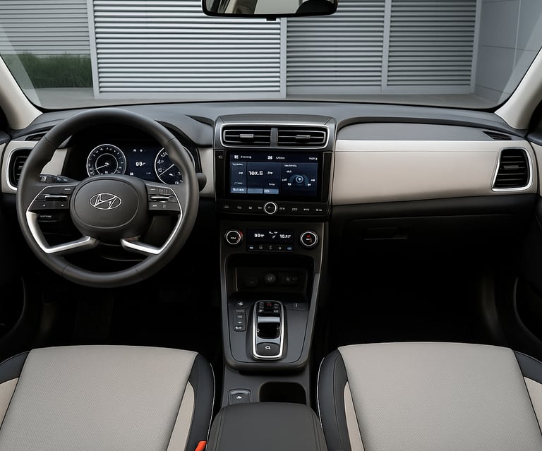 Interior do Hyundai Creta 2024 com bancos de couro em dois tons, painel digital e central multimídia