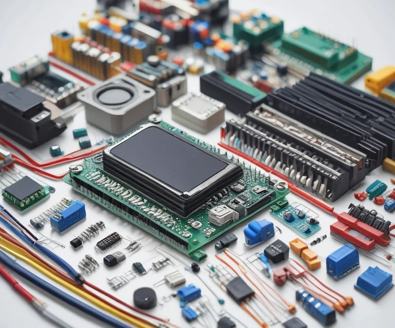 A collection of electronic components and test equipment spread across a table. There are breadboards with numerous colorful wires connected, a multimeter, and various test tubes in the background. The setup suggests a workbench for electronics or a science experiment.