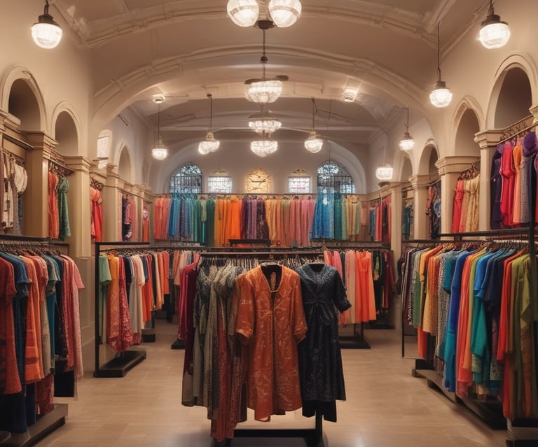 A clothing store featuring traditional dresses displayed on mannequins. A person wearing a traditional dress is selecting an item from a rack filled with various clothing styles. The interior features warm lighting, decorative elements like lanterns, and an arched doorway.