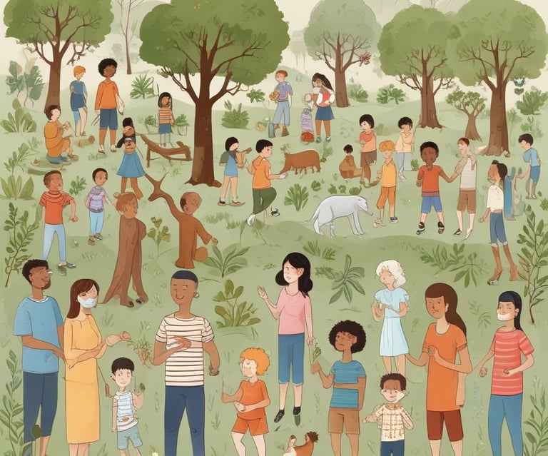 a group of people standing in a field with trees
