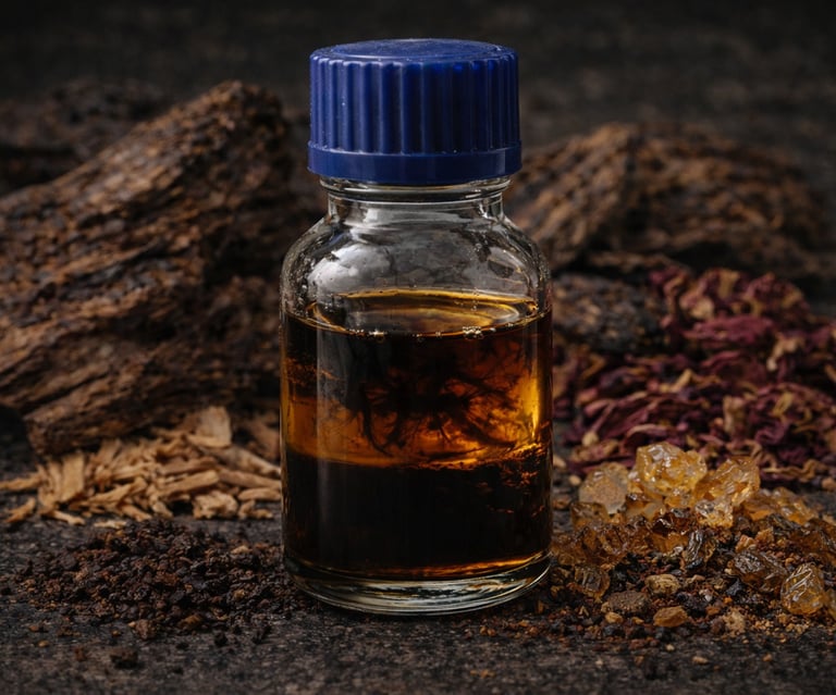 Modern oud perfume composition blending natural oils with refined aroma molecules