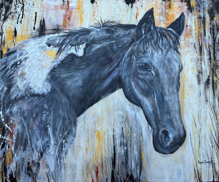Rustic painting of a black horse - horse portrait