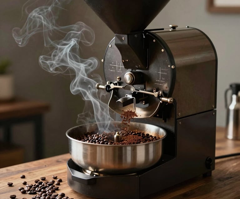 A modern coffee roastery setup includes a commercial coffee roasting machine, a stainless steel workbench with stools, and framed vintage motorcycle posters on the walls. An industrial-looking light fixture with numerous exposed bulbs hangs from the ceiling, adding to the stylish decor. The room is lit by natural light coming from a window on the right.