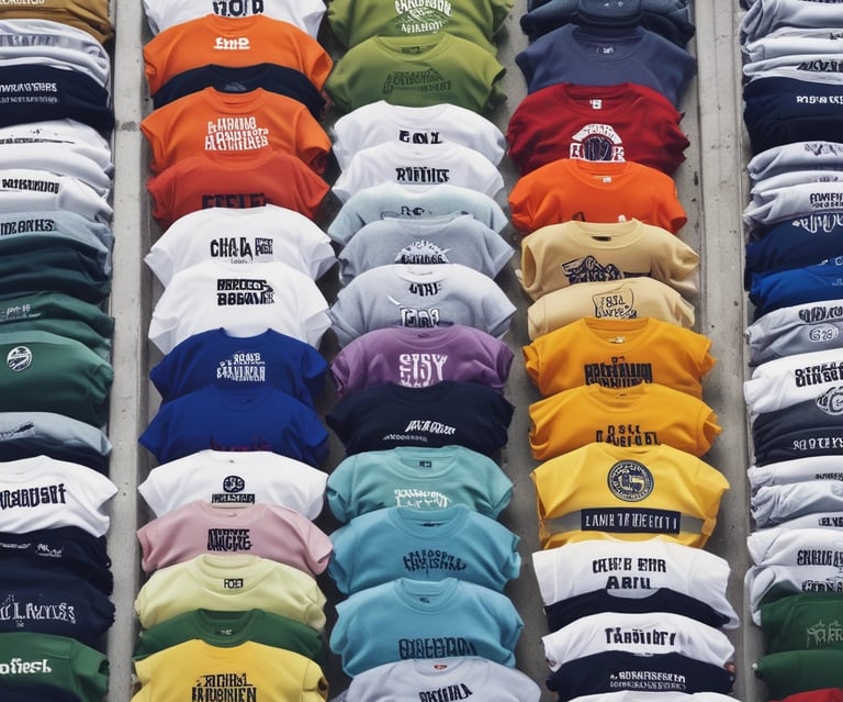 A vibrant display of custom t-shirts hanging on a rack.