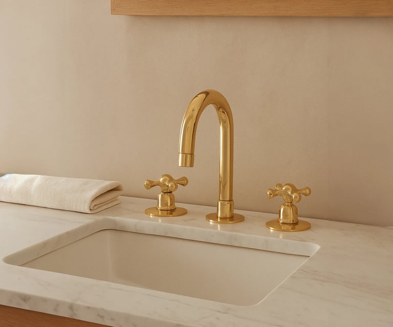 Robinet artisanal en cuivre massif doré pour salle de bain, design élégant avec  vasque blanche.