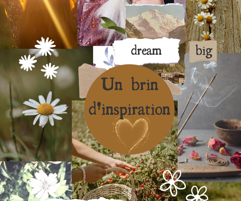 A creative mood board collage with daisies, sunset silhouettes, and inspirational quotes in French.