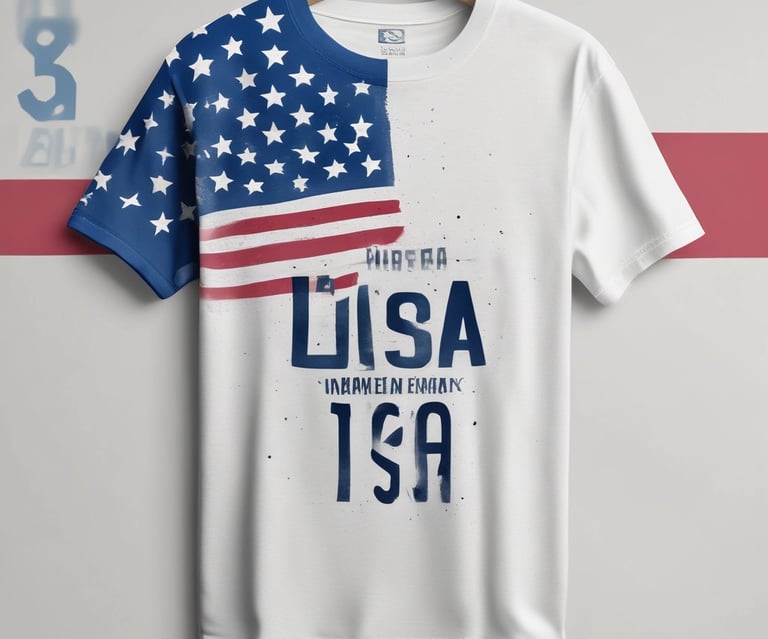 A collection of patriotic apparel displayed on a table.