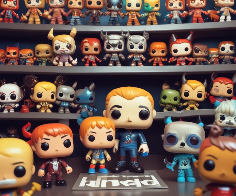 A Funko Pop figure stands on a rough-textured surface in front of a brick wall adorned with colorful mural art, featuring red, blue, and white geometric shapes.