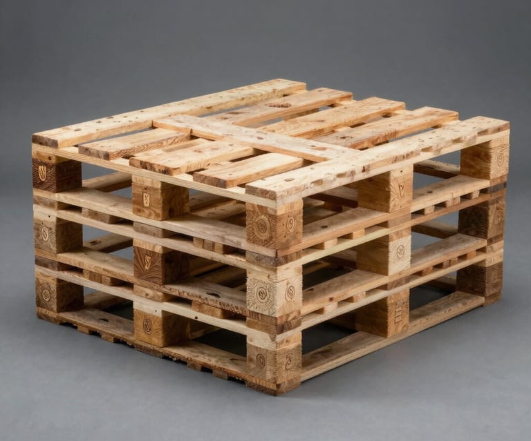 A stack of four heavy-duty wooden shipping pallets for industrial storage and warehouse logistics.