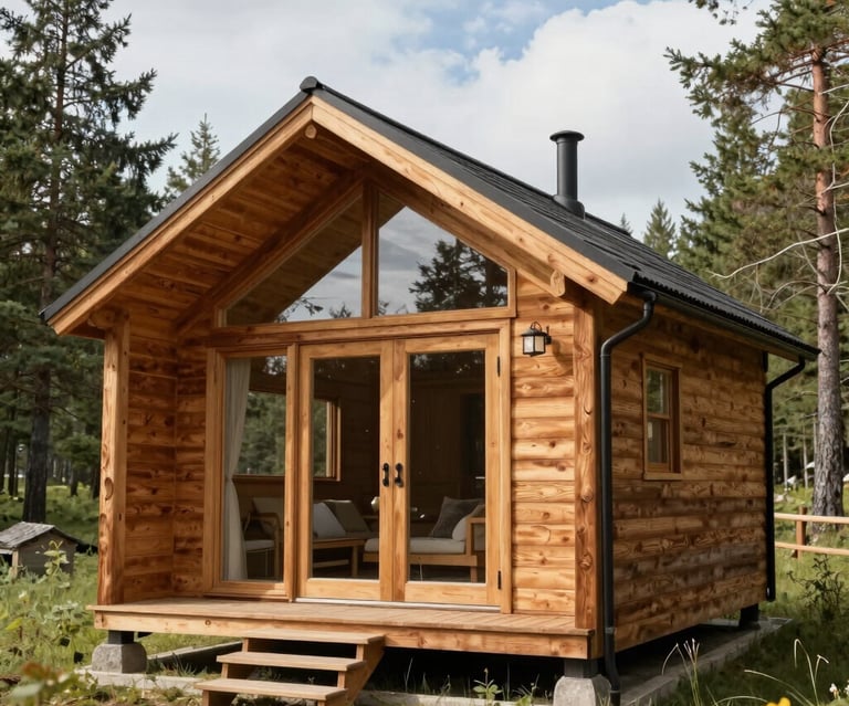 Cozy wooden cabin surrounded by pine trees at sunset.