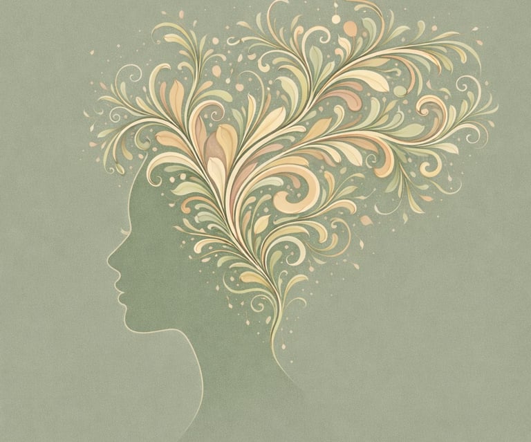 Elegant silhouette of a woman profile with flowing floral swirls and botanical patterns hair.