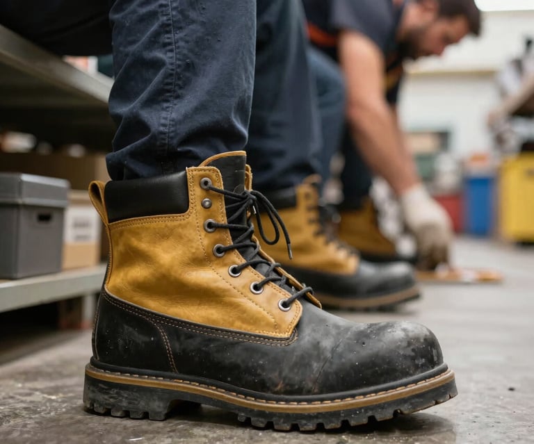 Sturdy steel-toe boots resting on a concrete floor with light dust.