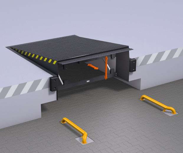 Industrial hydraulic dock leveler with safety bumpers and yellow wheel guides for warehouse loading bays.