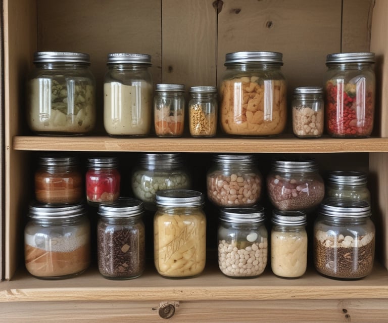 mutliple jars filled with different goods on a wooden farm stand table 