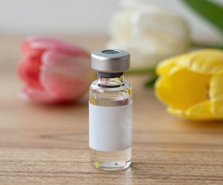 Close-up of vials filled with colorful research peptides arranged on a lab bench.