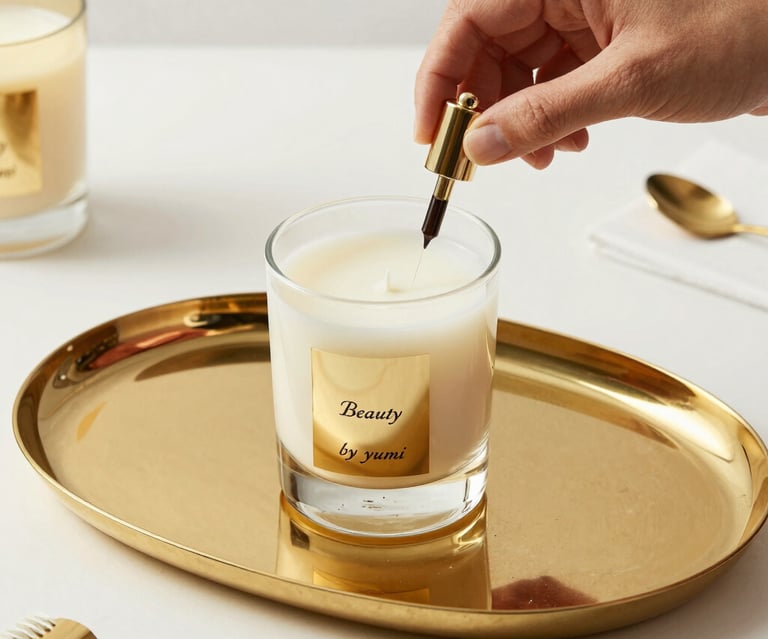 A beautifully arranged set of artisanal candles glowing softly on a marble surface.
