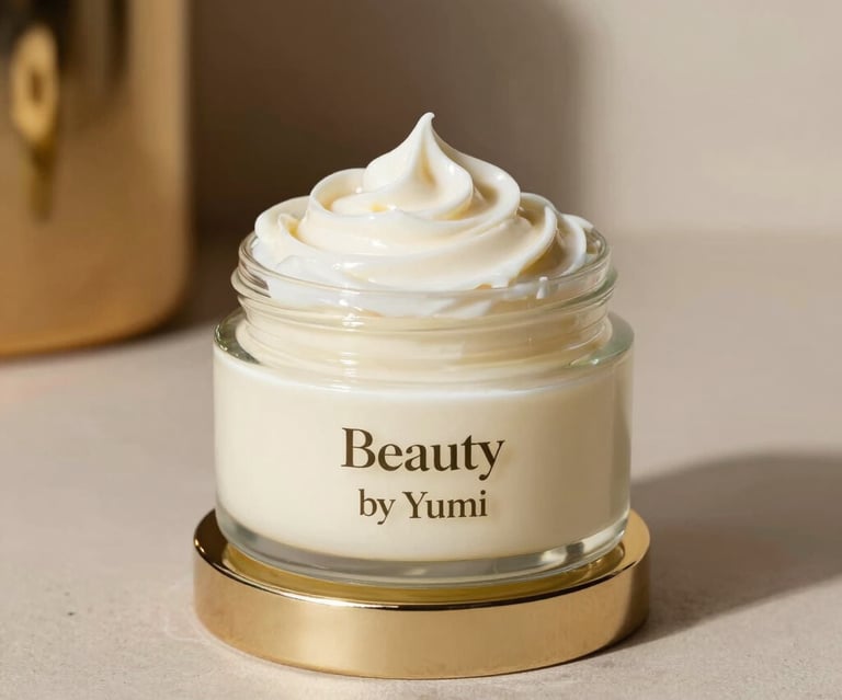 Elegant jars of personalized creams with floral decorations on a wooden table.