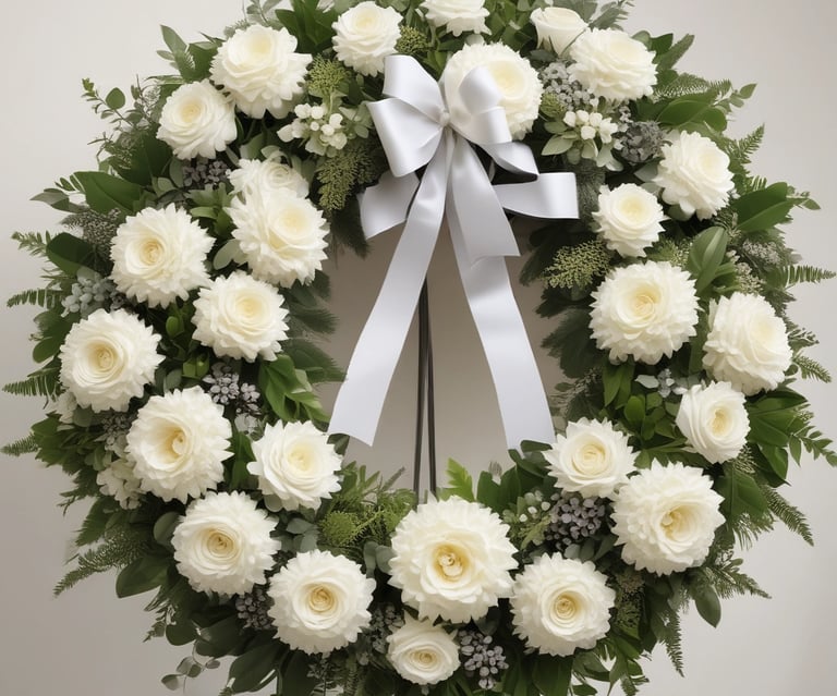 A close-up of a fresh funeral wreath with white lilies and greenery, arranged with care.