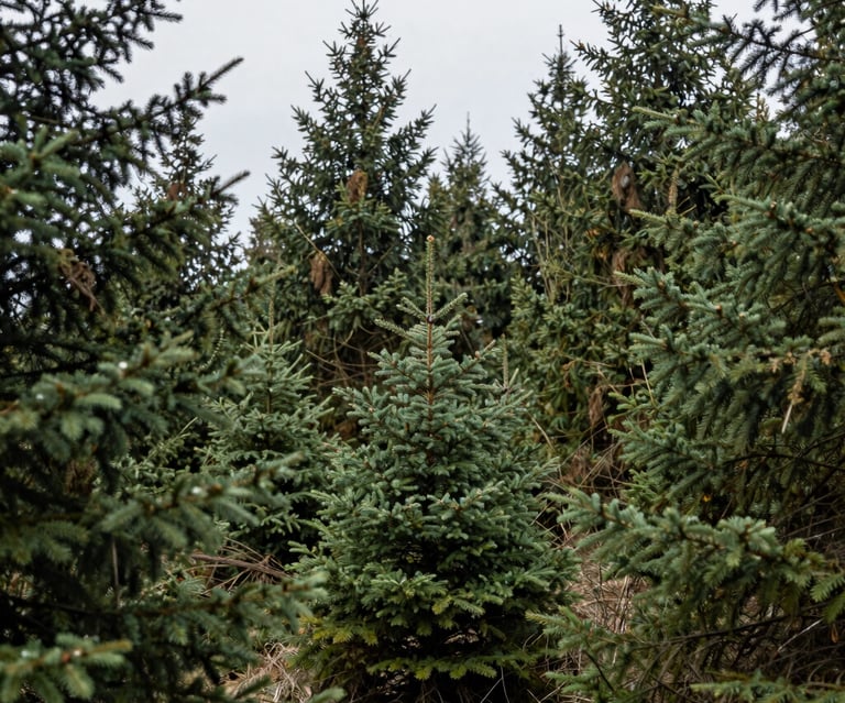 A dense forest with tall pine trees under a cloudy sky.
