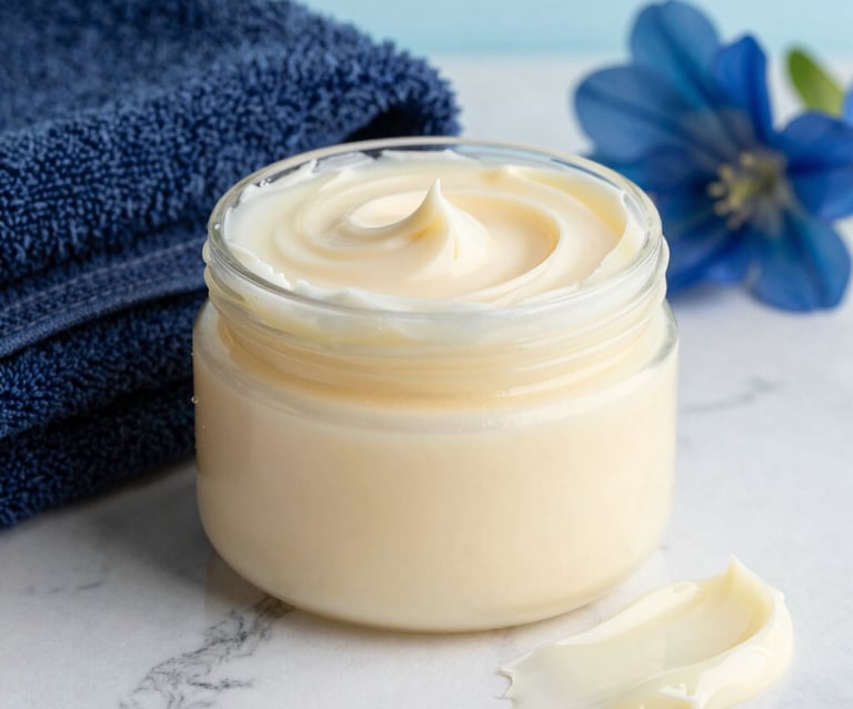A close-up of creamy, whipped body butter in a glass jar with soft teal accents.