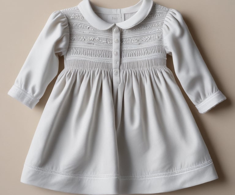 Soft pastel smocked dress hanging gently on a wooden hanger against a cream wall.