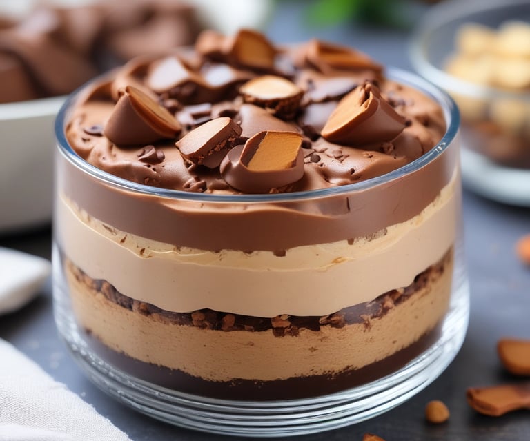 Close-up of a creamy no-bake chocolate mousse in a festive glass with Christmas decorations.
