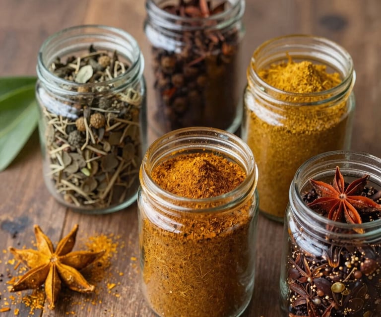 Close-up of vibrant Kerala spices arranged artfully on a rustic wooden surface.