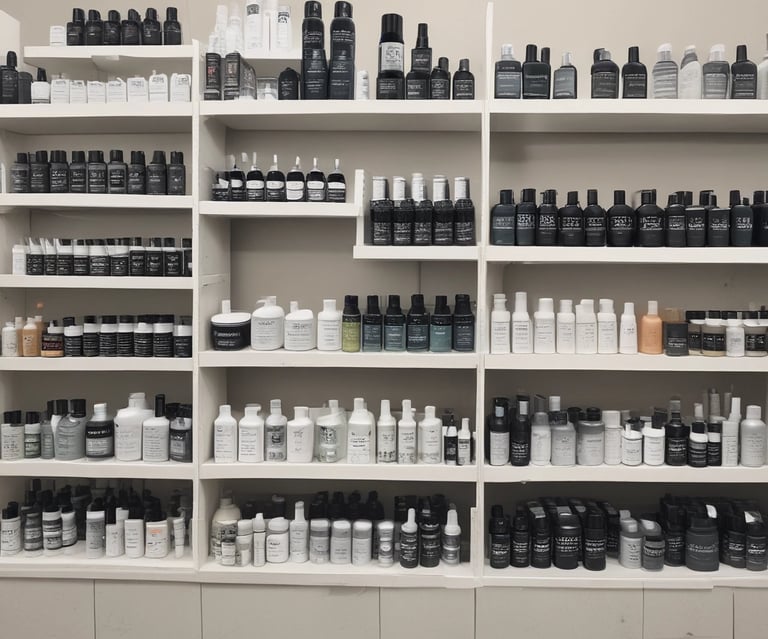 Rows of professional hair and spa products neatly arranged on shelves.