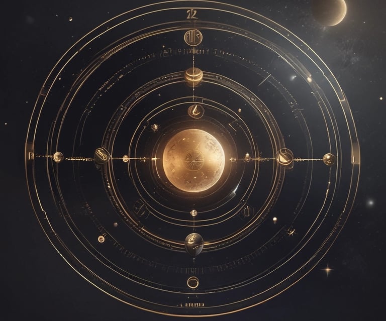 A glowing celestial map with planets aligned over a starry night sky.