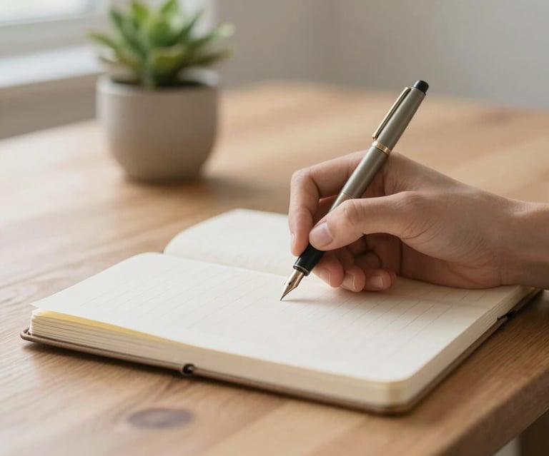 Close-up of hands writing with a fountain pen in an open notebook on a clean wooden desk, soft daylight, a small green plant in a ceramic pot in the soft focus background.