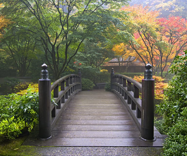 Een houten brug in een Japanse tuin, een uitnodiging tot verbinding.